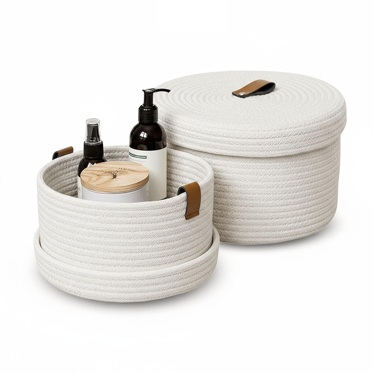 Set of 2 Storage Basket with Lid, Round Cotton Rope Decorative Basket with Leather Handles, Multifunctional Woven Baskets for Shelves, Bedroom