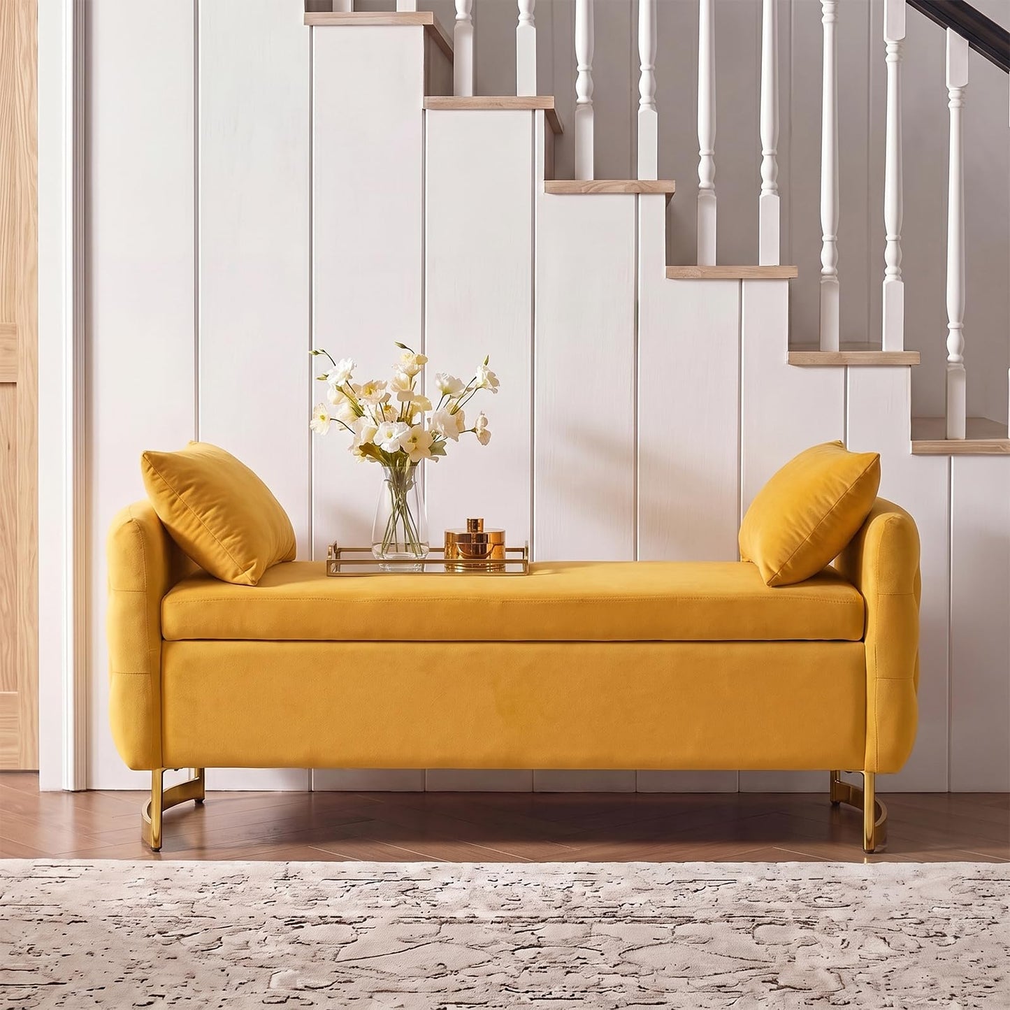 HULALA HOME Large Storage Bench with Metal Base for End of Bed, Mustard