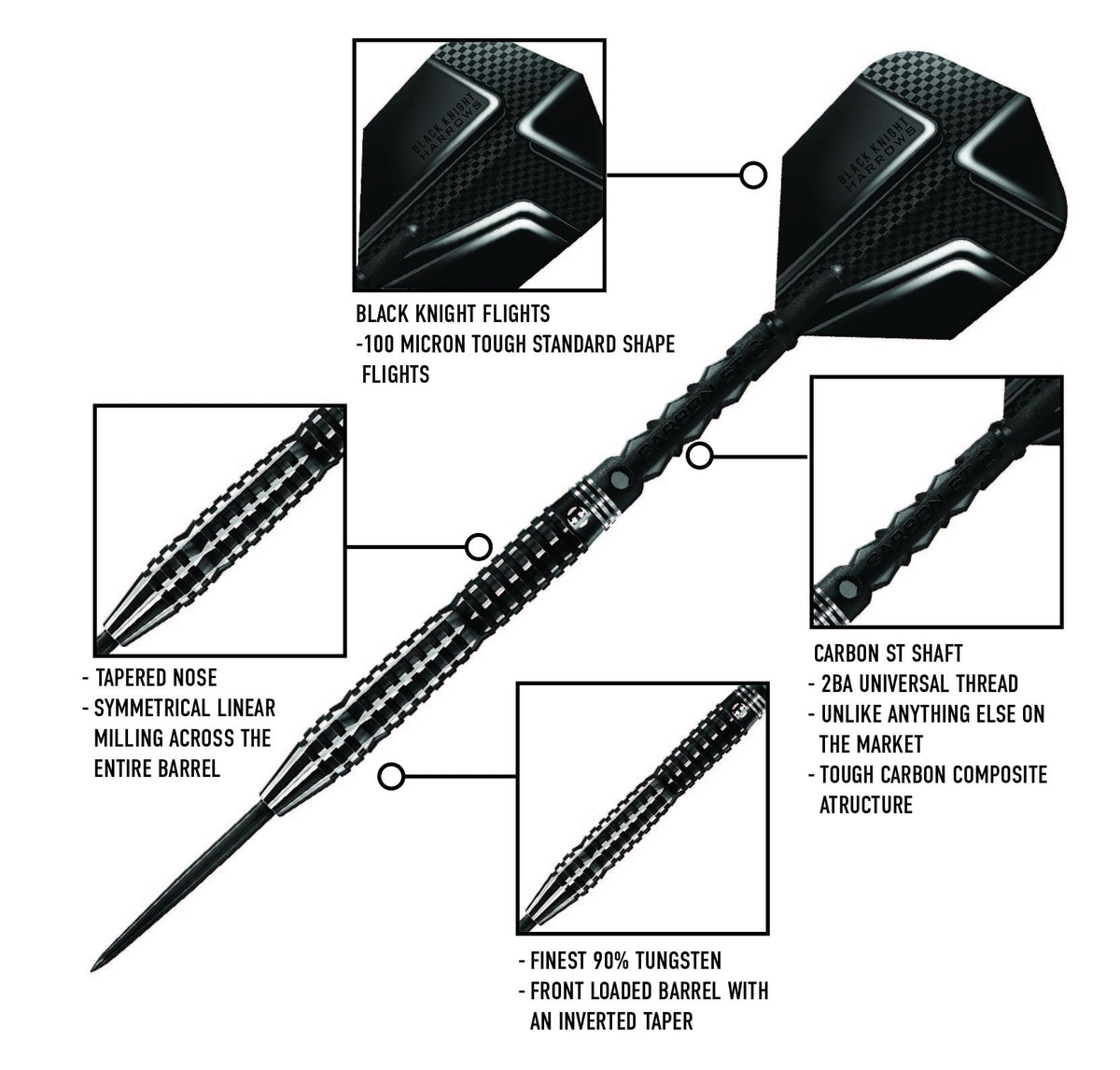 Harrows Black Knight 90% Tungsten Steel Tip Darts Set, 21g - 26g - Includes Black Carbon ST Midi Shafts & Micron Black Knight Flights (24g)