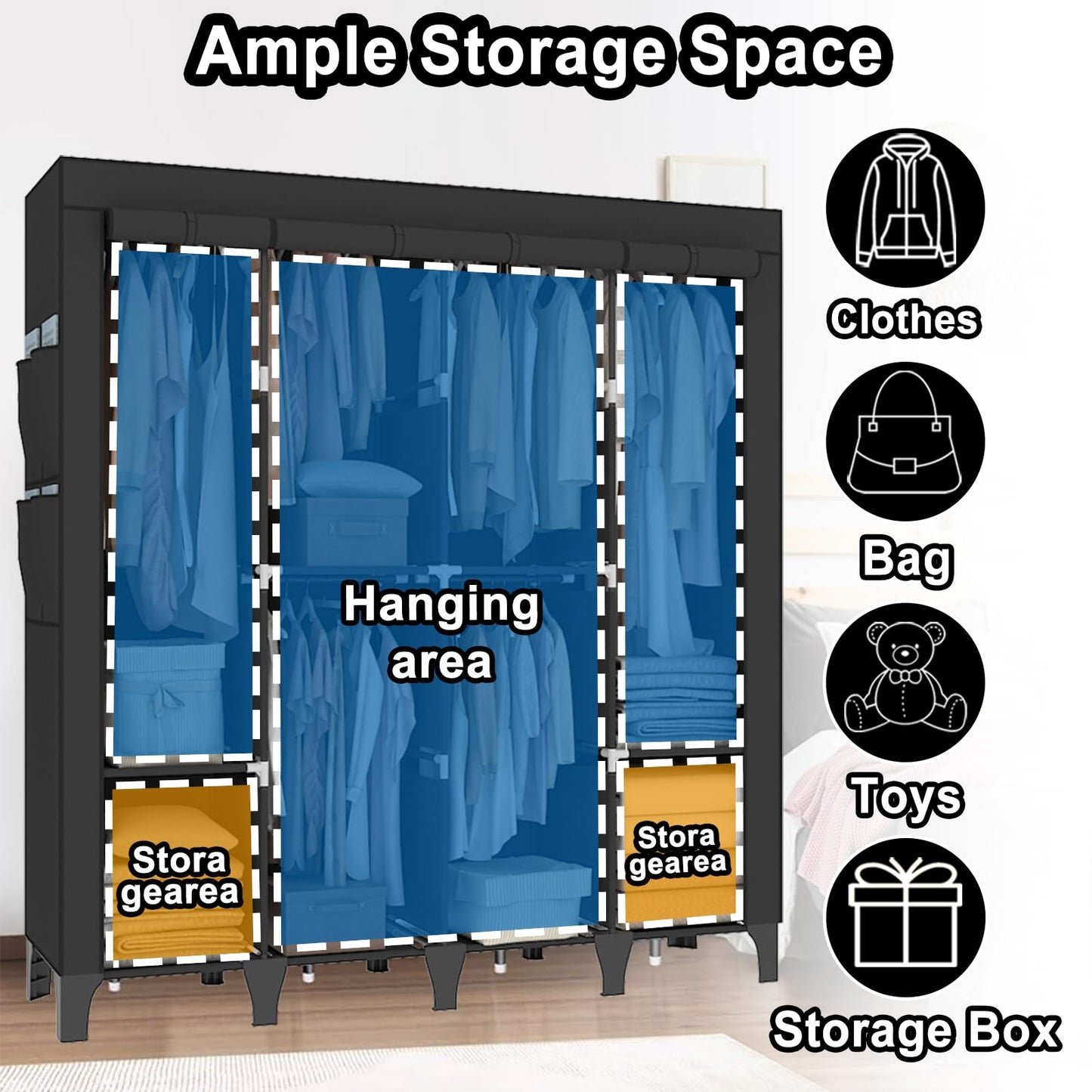 OPPAIYA Extra Large Canvas Wardrobe with 6 Hanging Rails, Portable Fabric Bedroom Wardrobes with 8 Shelves & 8 Side Pockets