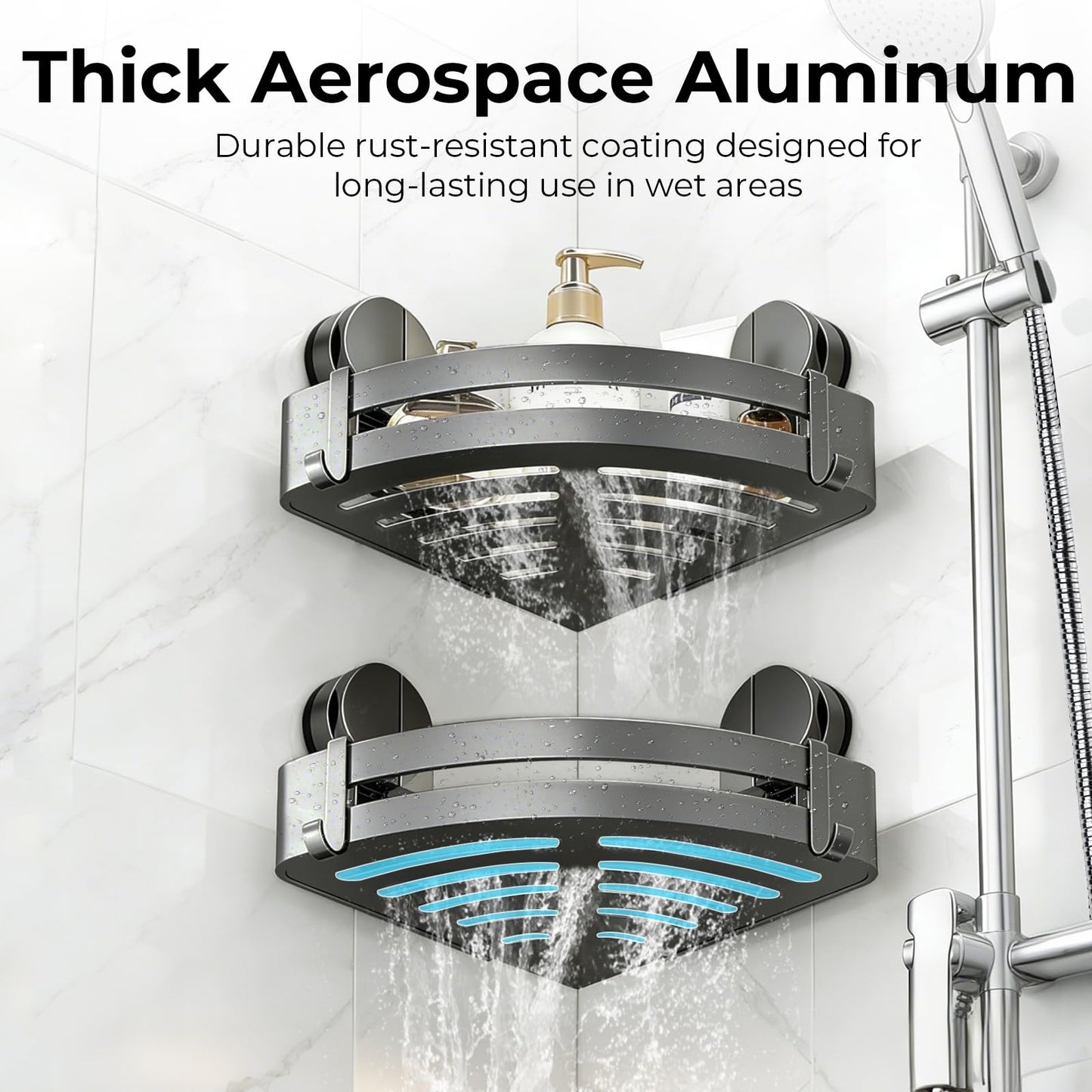 ONXE Shower Caddy Suction Cup,2Pcs Suction Cup Corner Shelf Coner No Drilling Bathroom Shelves Storage Organiser Rack Adhesive with 4 Hooks Wall