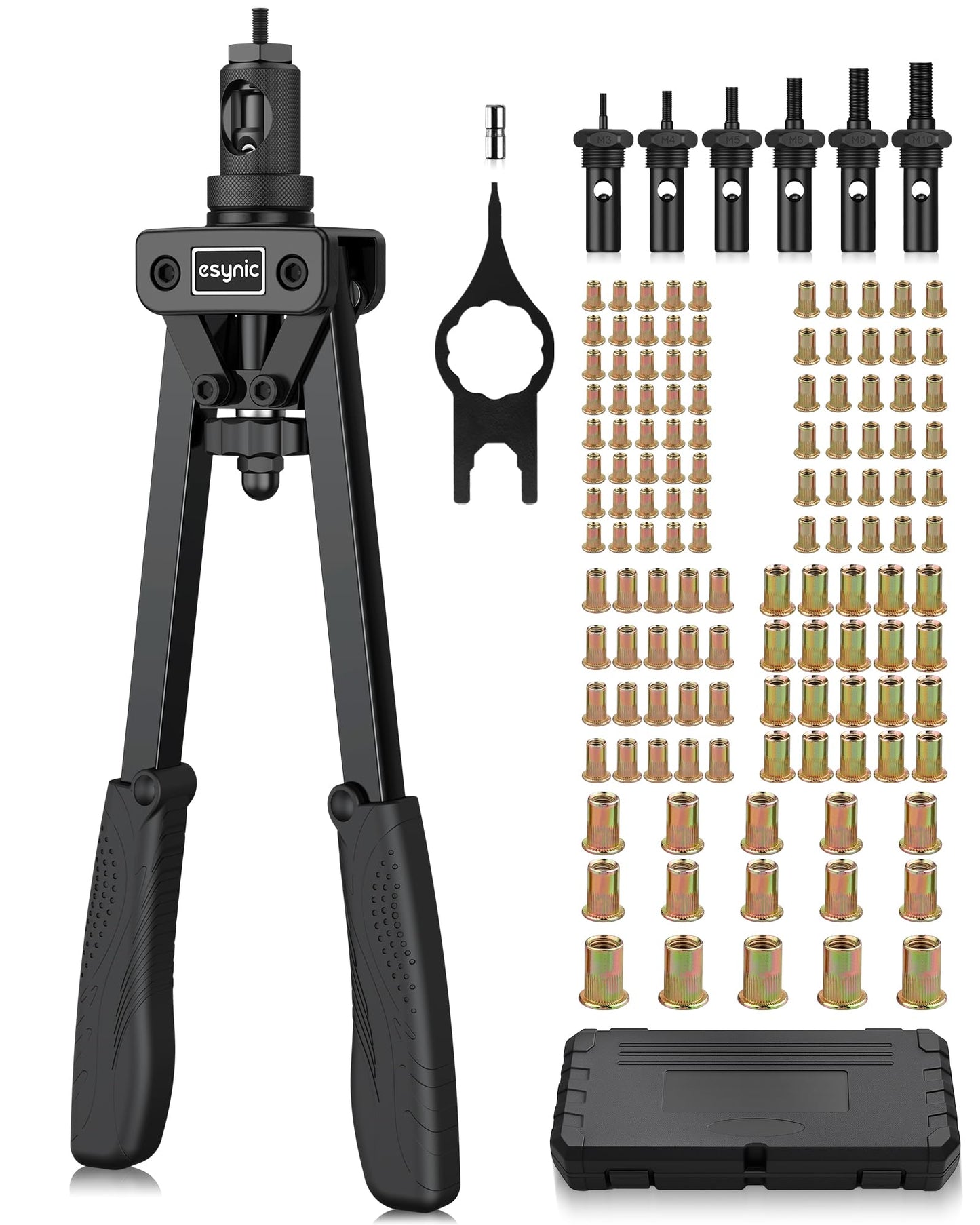 eSynic Professional 14 Inch Rivnut Tool Kit Heavy Duty Hand RIV Nut Gun Set with 125Pcs M3 M4 M5 M6 M8 M10 Rivet Nuts&6 Nut Riveter Mandrel-Save