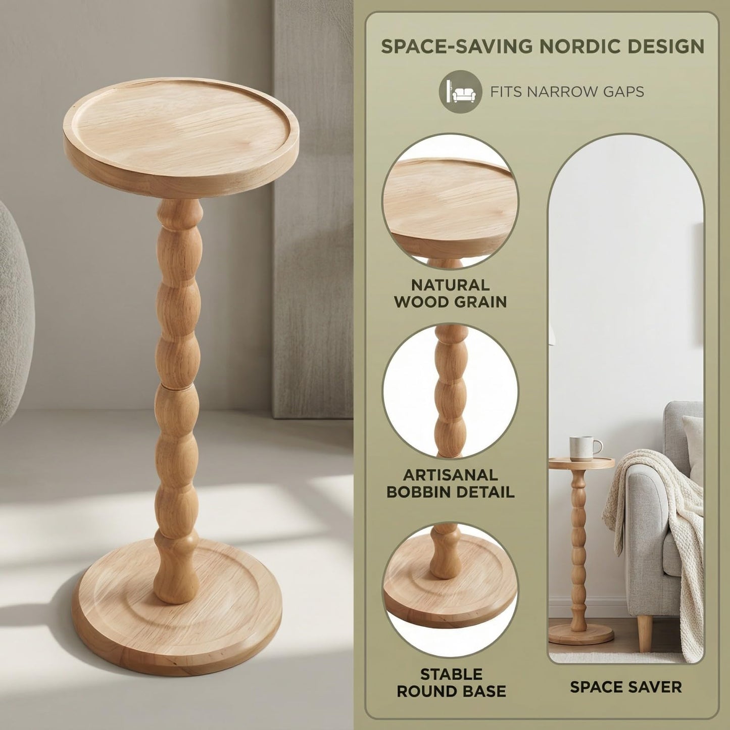 Perclyzm Solid Oak Wood Round Side Table, Rustic Brown Tall Pedestal Drinks Table, Light Walnut Finish, Tray Top for Living Room, Sofa, Bedroom