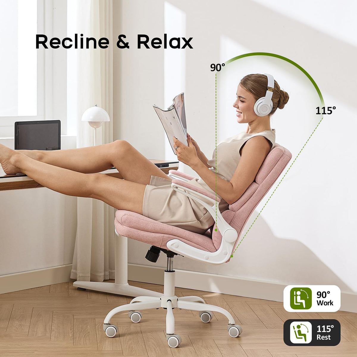 LukkDys Ergonomic Office Chair with 3-Stage Back Support, Executive Fabric Desk Chair with Flip-up Armrests