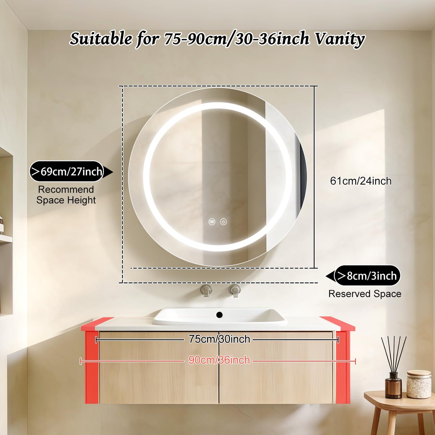 Janboe 61cm Round Mirror Cabinet with Lights,with Defogger,Dimmable,Anti-Fog,3 Colors,White