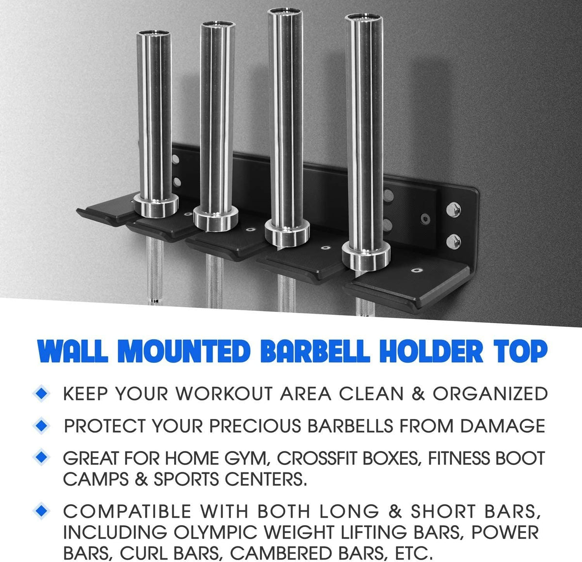 Yes4All Vertical Wall Mounted Olympic Barbell Holder for 4 Bars - Barbell Storage Rack Hanger for Home Gym