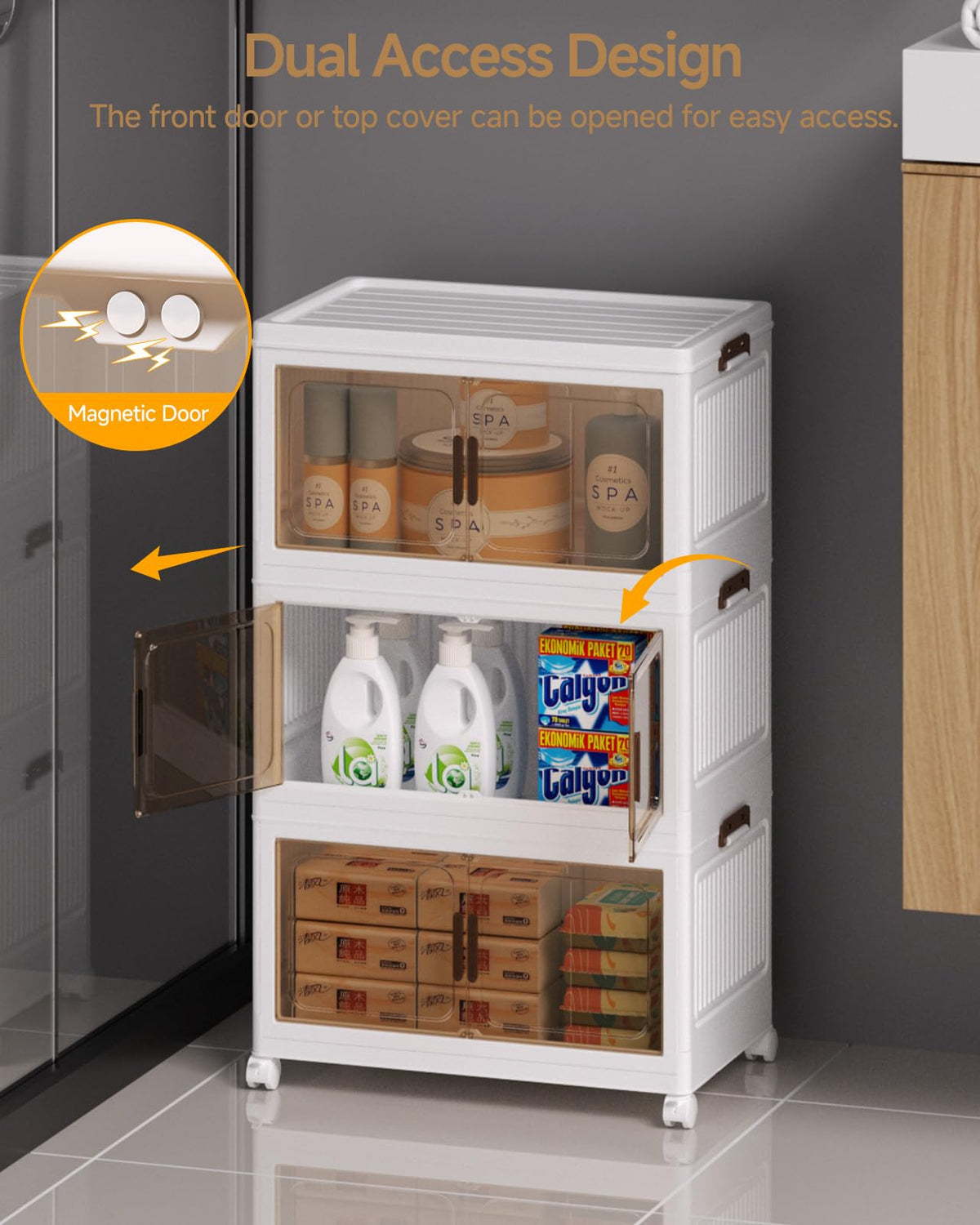 Asnews 3-Tier Storage Boxes with Lid, 26L Stackable Storage Bins with Wheels and Doors