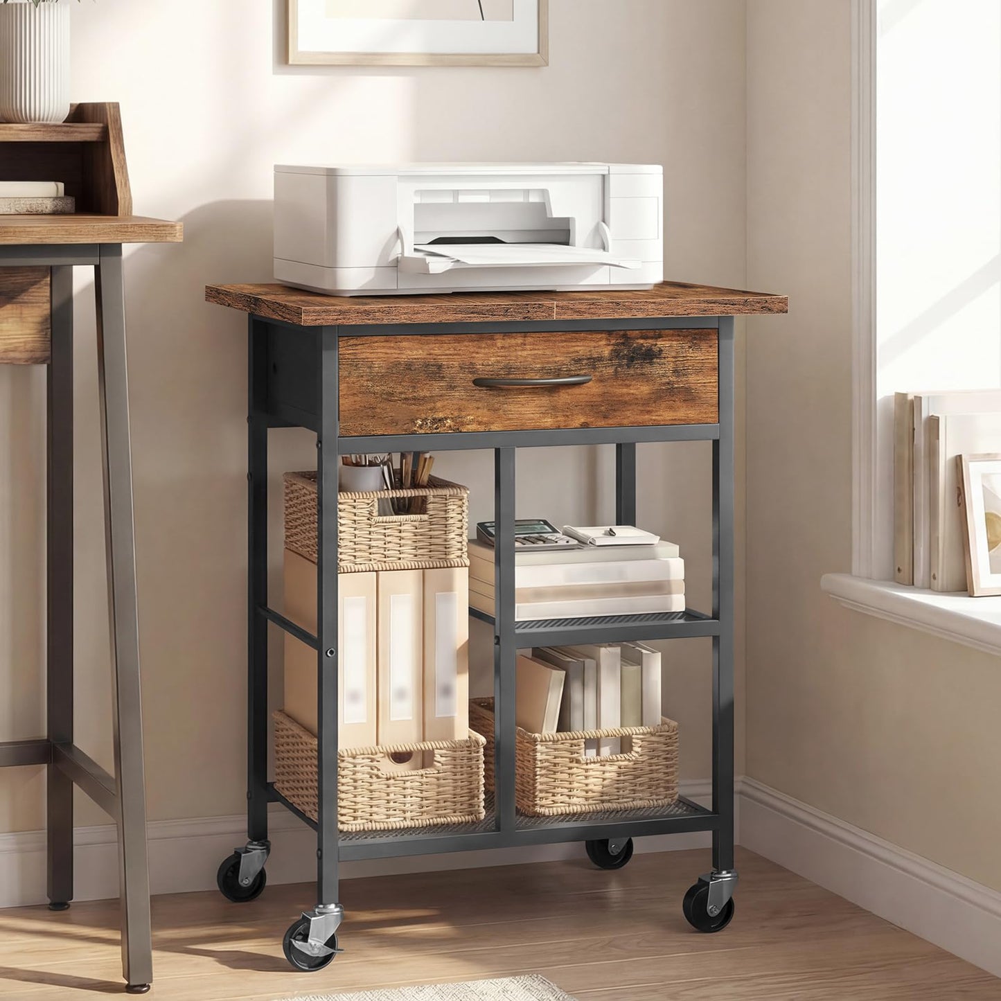 MAHANCRIS Printer Stand, Printer Table, Printer Cart with Fabric Drawer