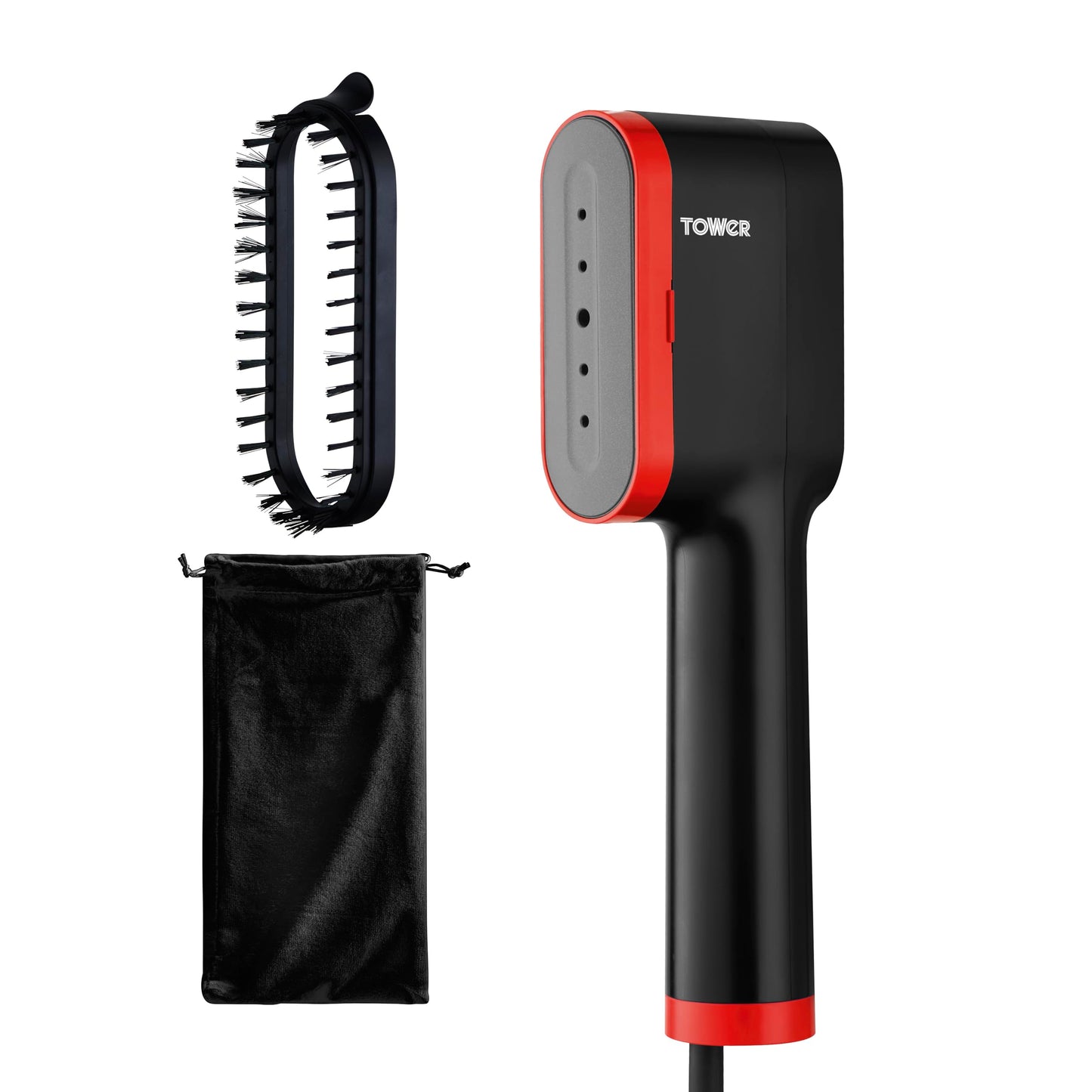 Tower T22038RED Ceraglide Handheld Garment Steamer with Ceramic Soleplate, Brush Attachment, Vertical Steaming, 14g/min Steam Rate, 1400W, Black & Red