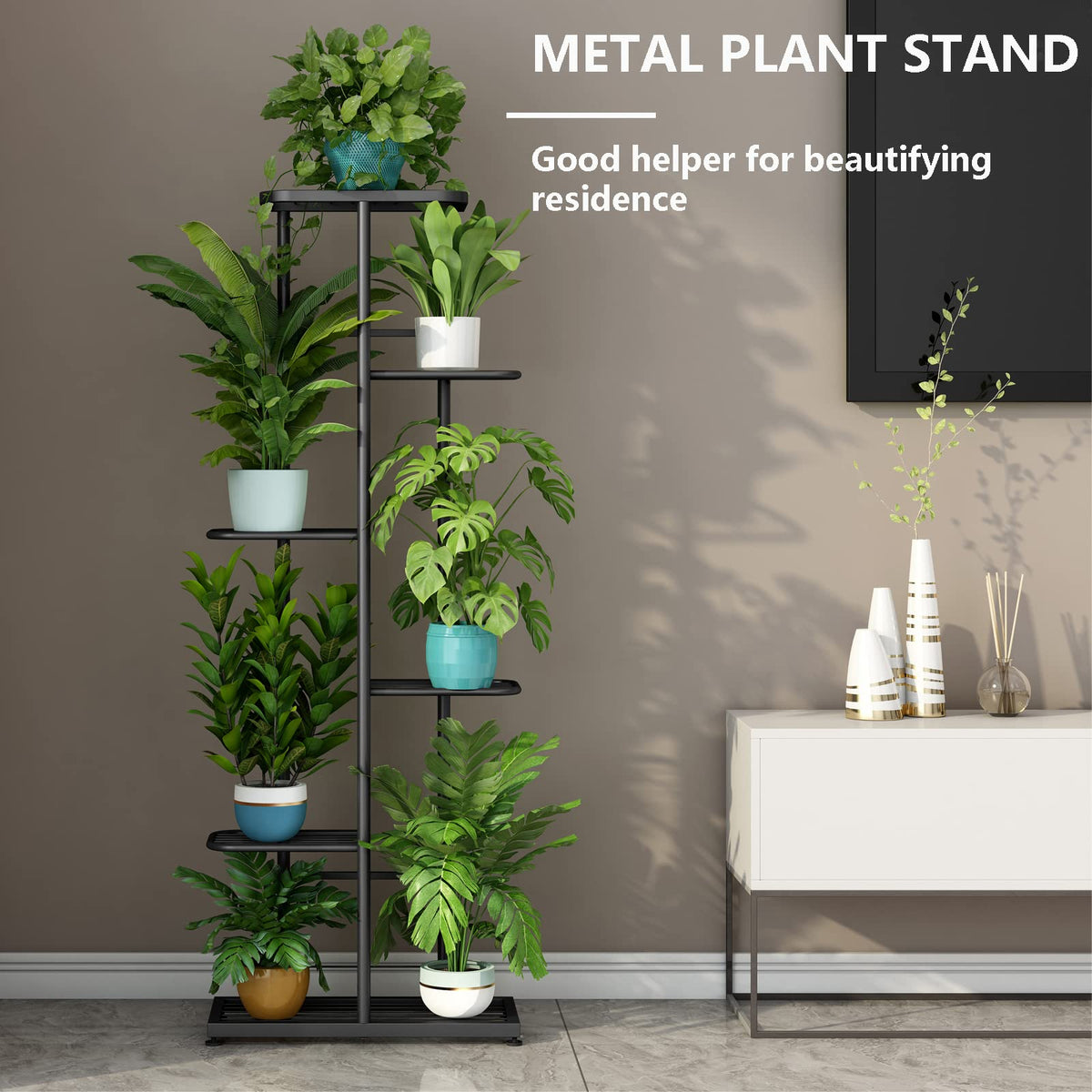 LINZINAR Metal 6 Tier 7 Potted Plant Stand Indoor Outdoor, Dark Grey