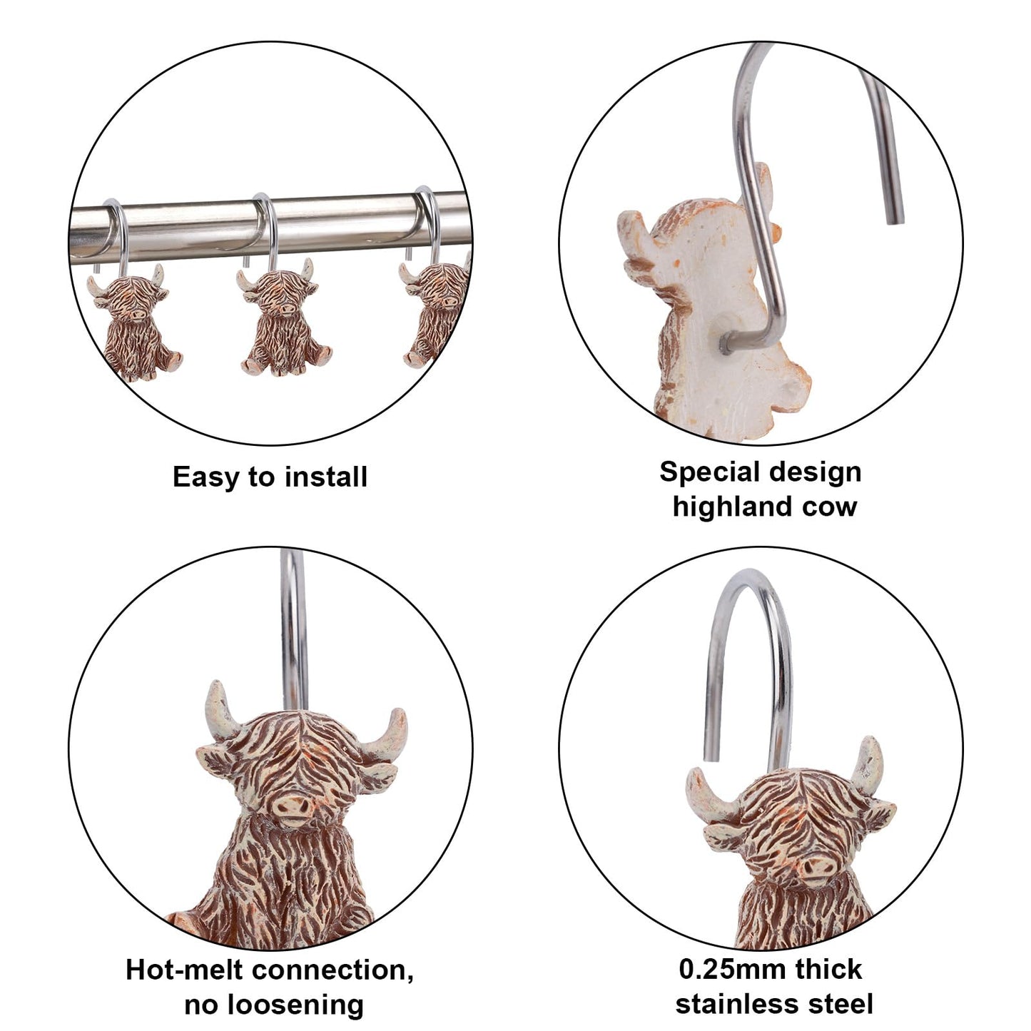 Fukaisu 12pcs Highland Cow Shower Curtain Hooks, Rustic Western Highland Cow Bathroom Shower Curtain Hooks Cute Resin Hangers Suitable for Bathroom