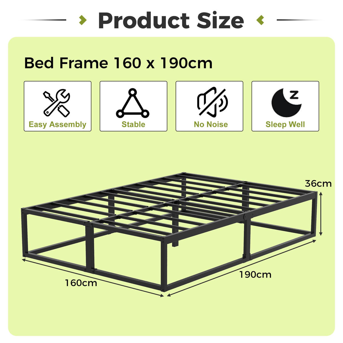 EMODA Metal Bed Frame 160 x 190cm with Steel Slats Support, Black