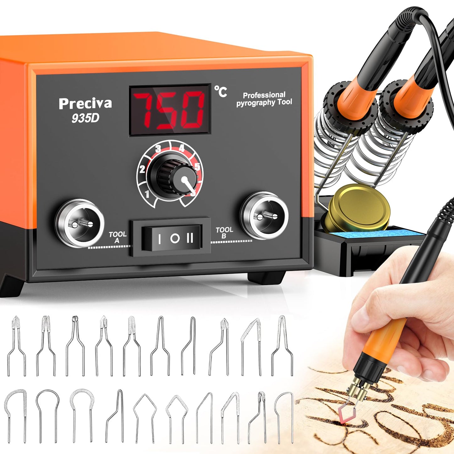 Wood Burning Kit, Preciva 935 Digital Display Pyrography Burner Tool Set, 250-750?C Temperature Adjustable Wooding Encarving Kits with 2 Pyrographing