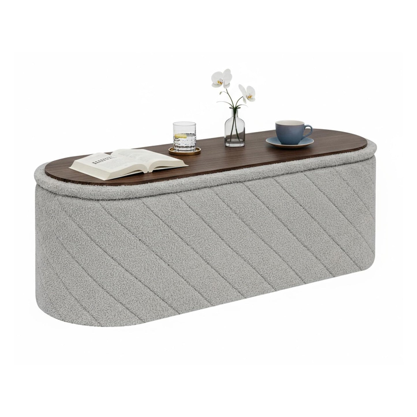 Bonlife Oval Ottoman with Storage Bench, Folding Foot Rest with Lid, Boucle End of Bed Bench,Foostool for Living