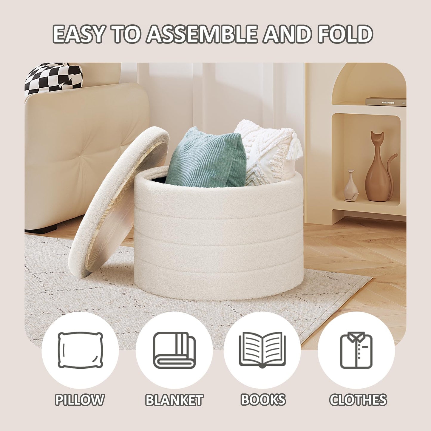 PINPLUS Round Ottoman Storage, Convertible Table, Cream White, 56x56x40 cm