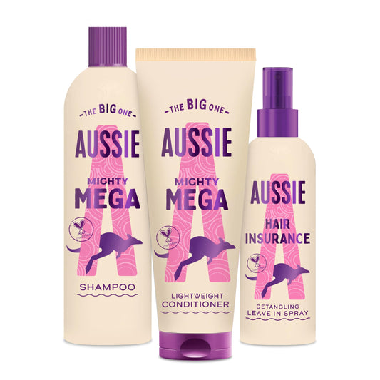 Aussie Bundle: Mighty Mega Shampoo 400ml and Lightweight Conditioner 275ml & Hair Insurance Detangling Leave-In Spray 250ml
