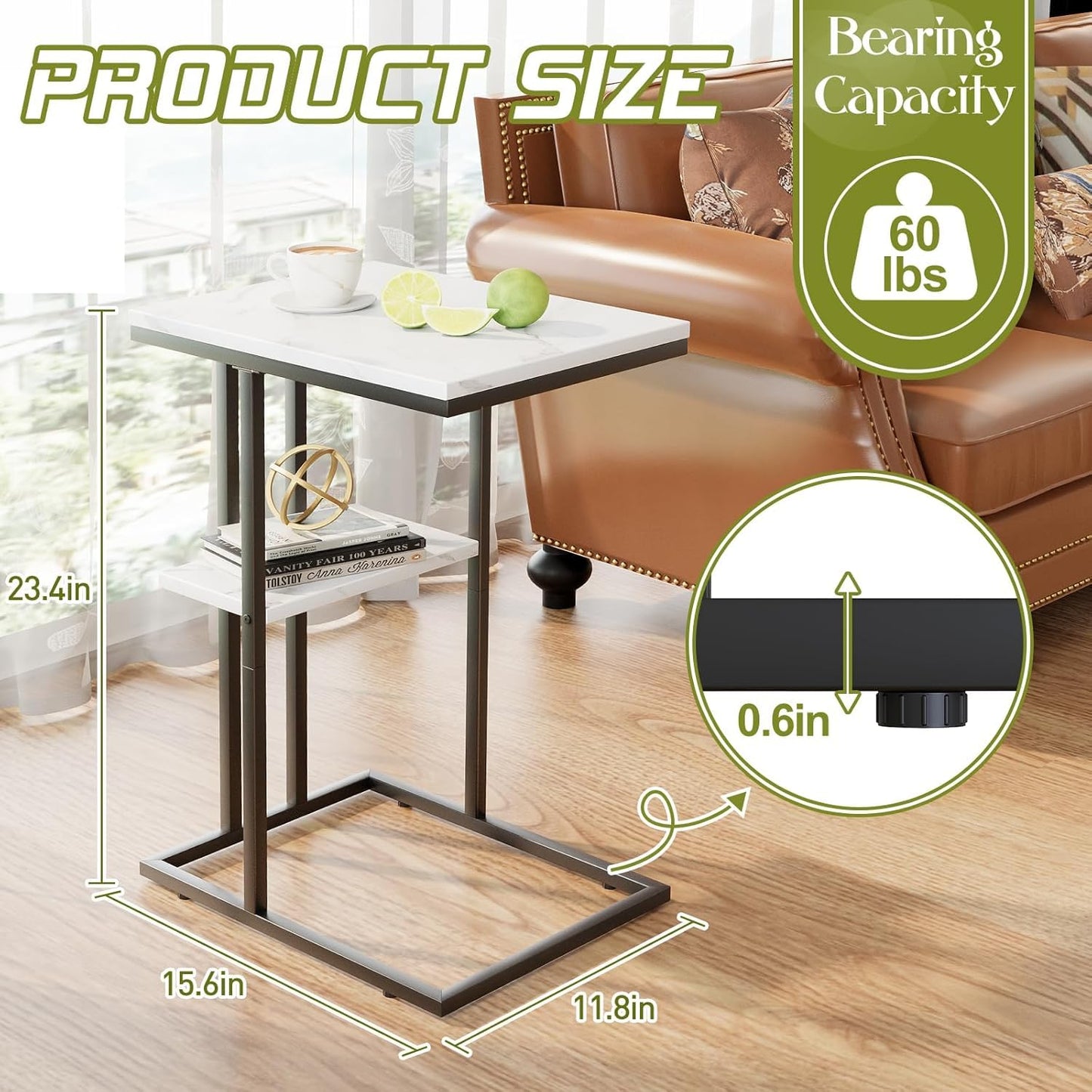 C Shaped End Table, Side Table, Sofa Table, Coffee Table Under Sofa, Small Couch Snack Tables, Bedside Tables with Metal Frame for Living Room