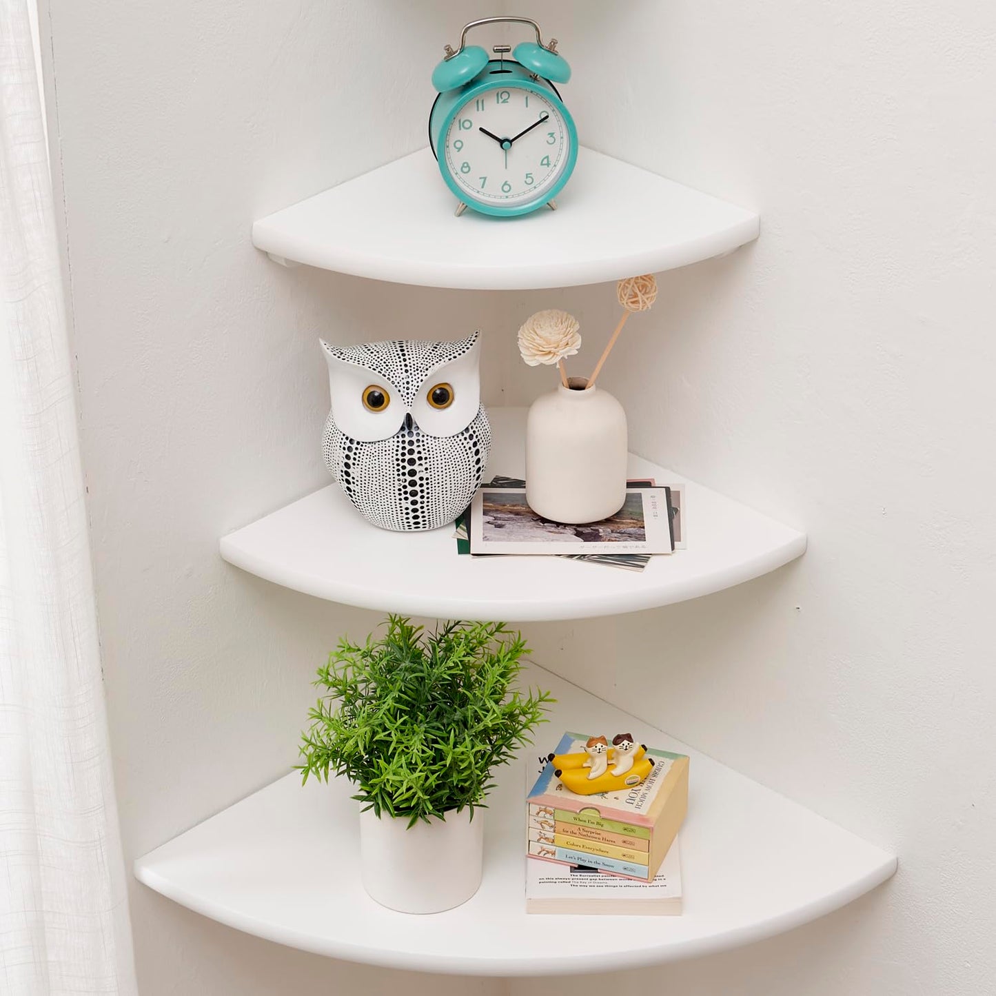 Gieanoo White Corner Shelves Wall Mount, Set of 3 White Oak Wood Floating Corner Wall Shelves Small Corner Plant Stand for Bedroom,Kitchen