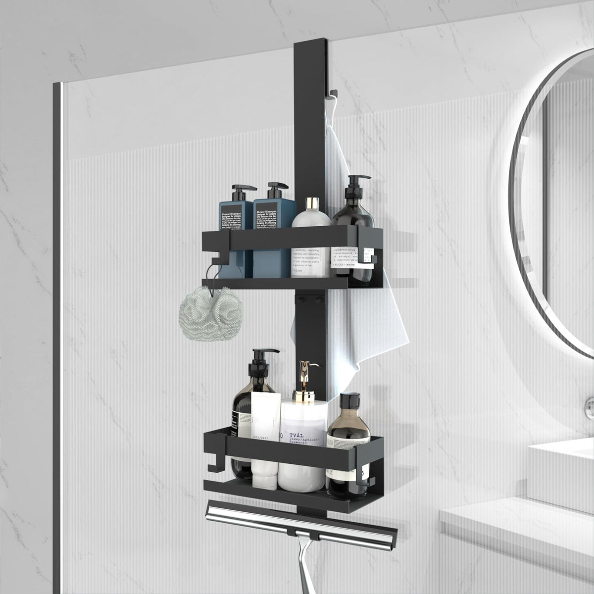 UUlioyer Hanging Shower Caddy, SUS304 Stainless Steel Over Door Shower Shelf, Bathroom Storage No Drilling (Style A - Black)