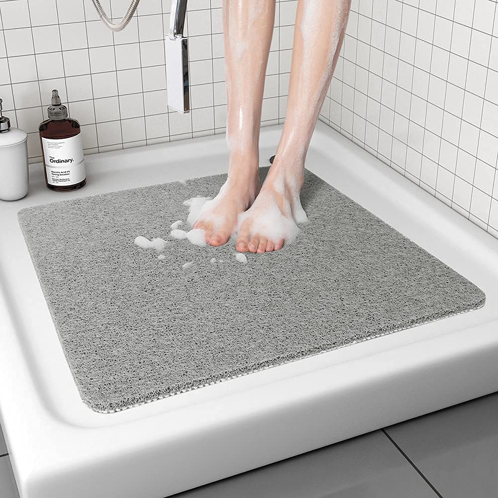 Square Non Slip Anti Mould Shower Mat 60 x 60 cm, Loofah Bath Mat for Elderly (Grey)
