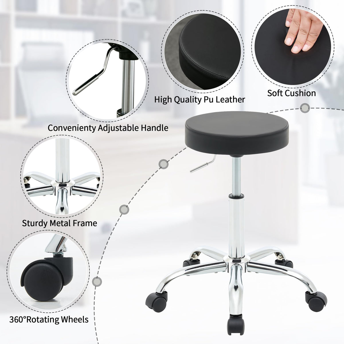 FIRAVOE Ergonomic Backless Rolling Office Stool, Adjustable Drafting Work Chair with Wheels, 49.5–67.6 cm Height