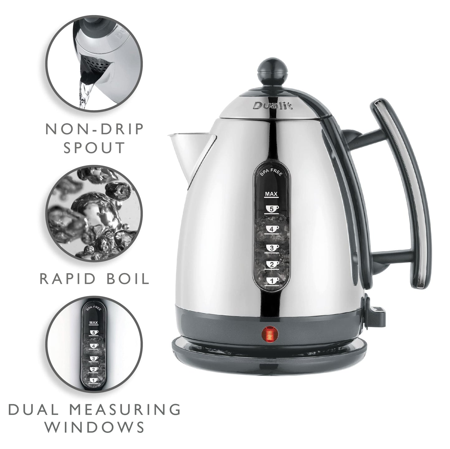 Dualit Lite Kettle - 1.5L Jug Kettle - Polished with Grey Trim, High Gloss Finish - Fast Boiling Kettle by Dualit - 72006