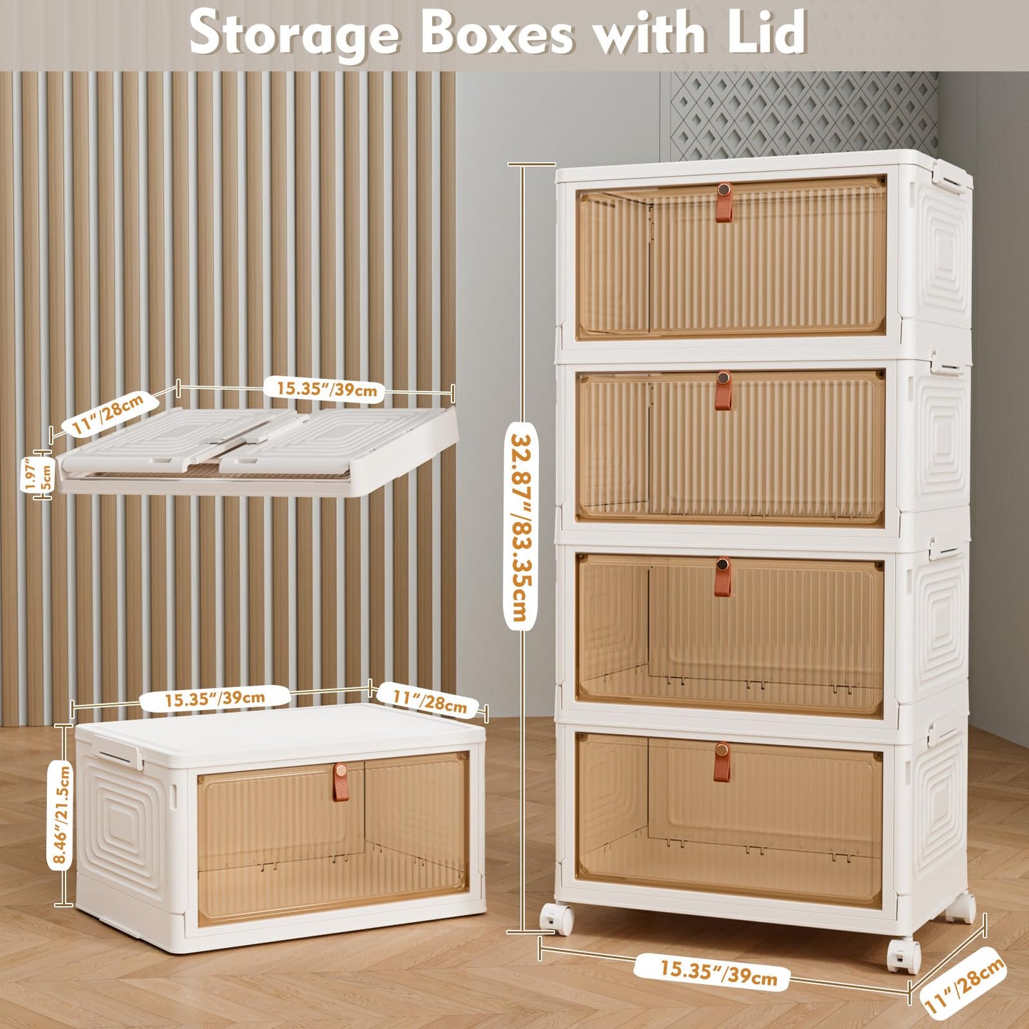 TidyTrove Storage Boxes with Lid, Plastic Storage Boxes with 1 Lid 23L/Tier, 4-Tier Stackable Bins with Wheels, Folding StorageBins, Storage Organizer