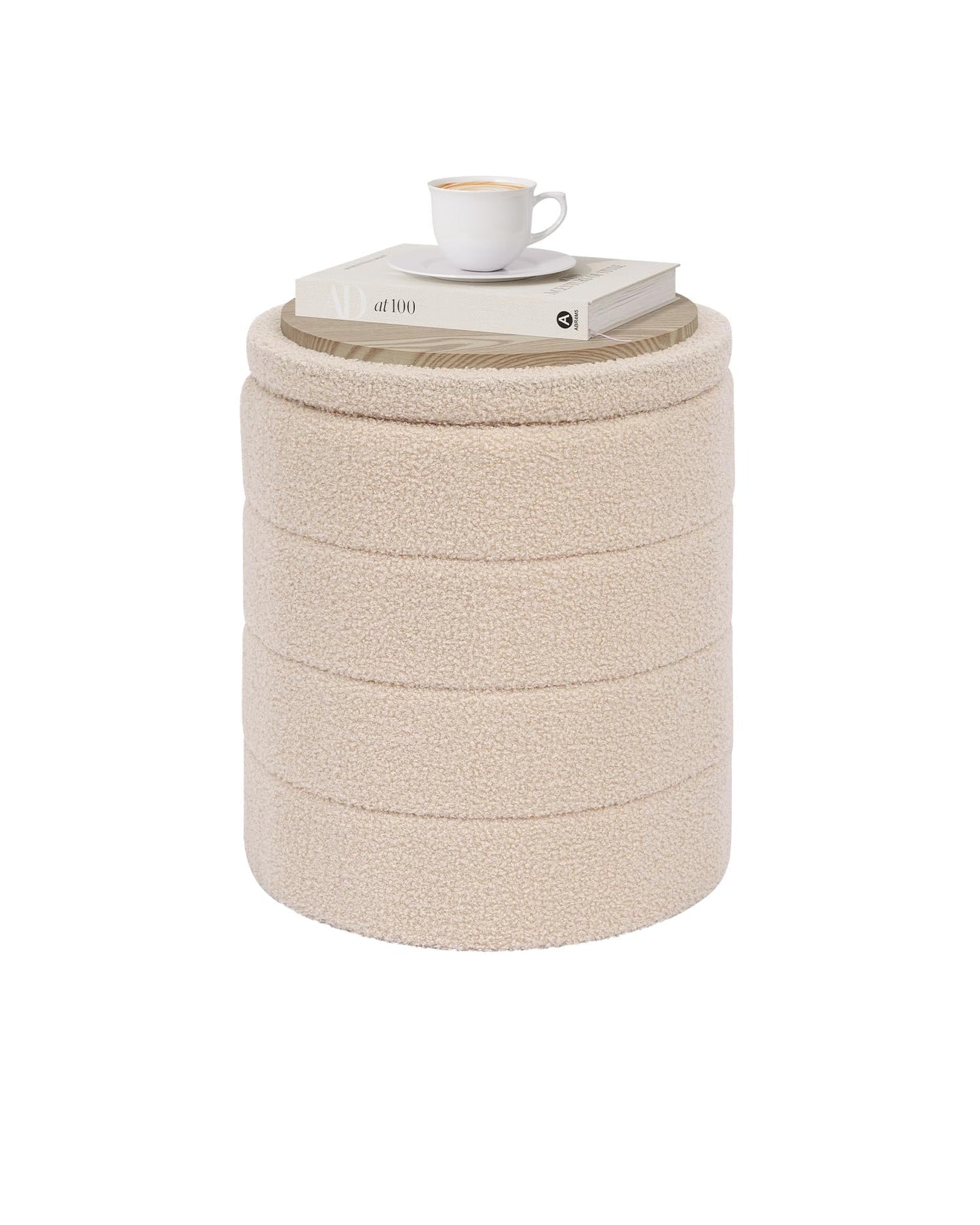 PINPLUS Round Ottoman Storage, Convertible Table, Beige, 37x37x45 cm