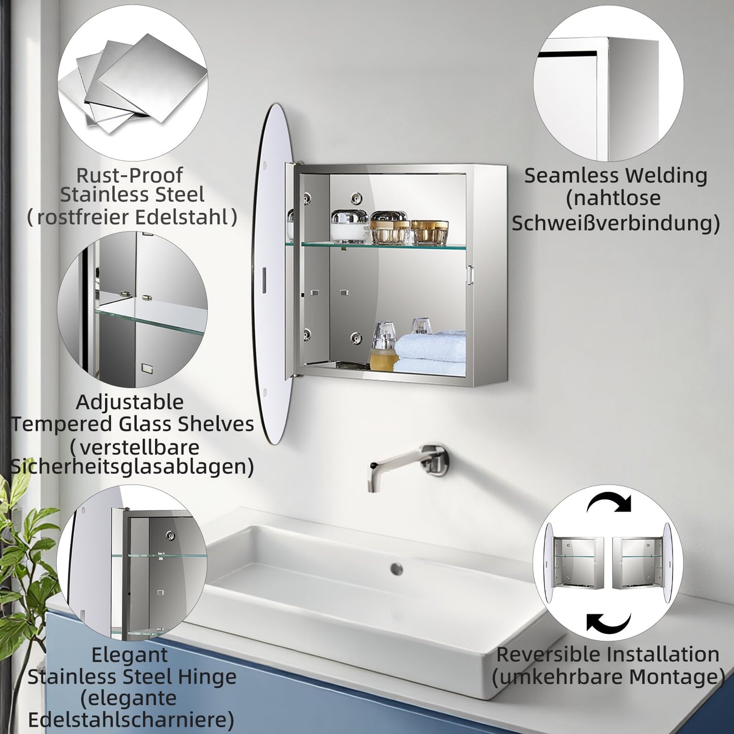 Fundin Mirror Cabinet with Stainless Steel Frame, Round Mirrored Door, Adjustable Glass Shelves, Surface Mounted, 50cm x 50cm, Mirrored Finish