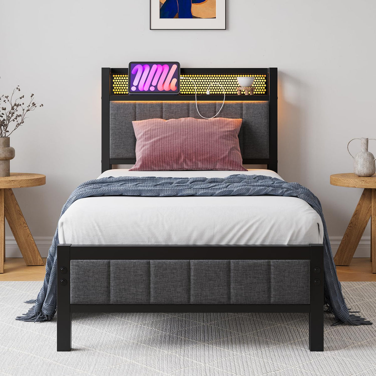 BORPHOM Single Bed Frames with Storage Headboard and Charging Station/LED Lights,Heavy Duty Metal Bed Frame Single No Box Spring Needed,Solid Bedstead