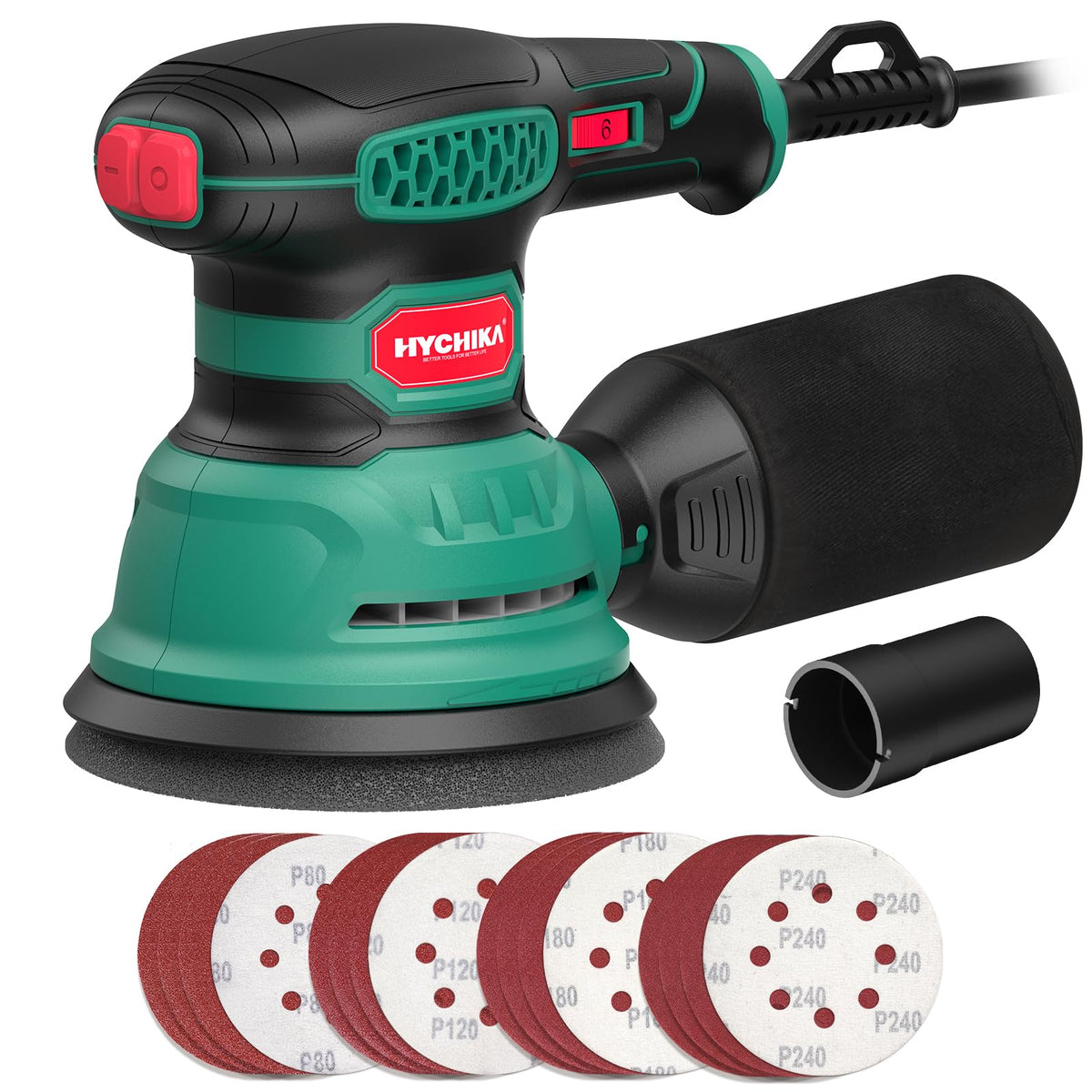 HYCHIKA Random Orbital Sander, 300W 12000OPM Orbital Sander, 6 Variable Speeds,16 Sanding Discs(125mm), with Dust Collection and Quick Braking