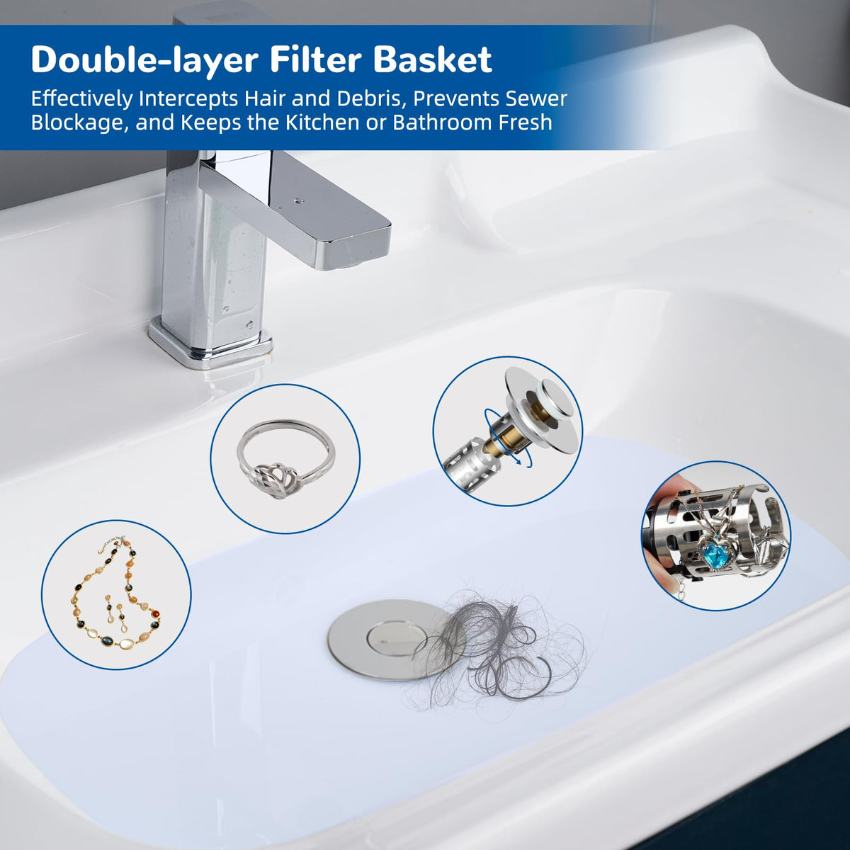 Hibbent Sink Plug with Removable Stainless Steel Filter Basket, Chrome