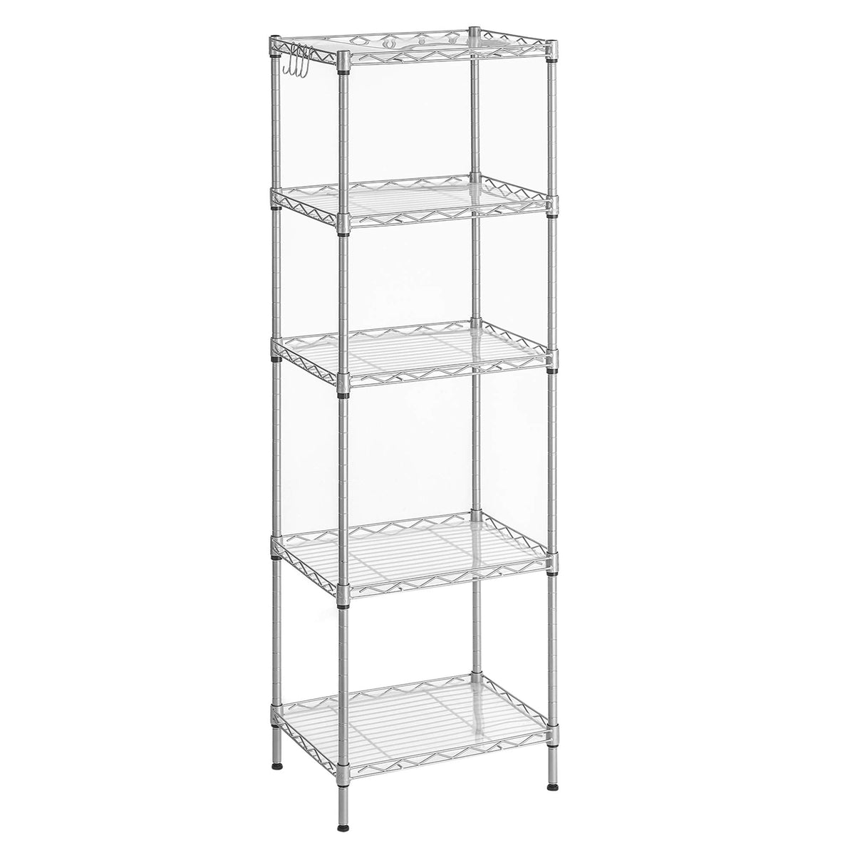 SONGMICS Kitchen Shelf, 5 Tier Thin Storage Shelf, 8 Hooks, Bathroom Cabinet, Plastic Board, Height-Adjustable, Metal, for Kitchen, Silver LGR115E01