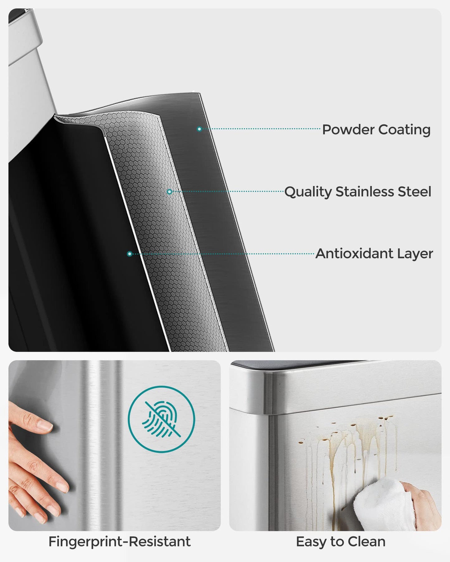 SONGMICS Kitchen Bin, 2 x 30L Stainless Steel Pedal Rubbish Bin with 15 Trash Bags, Recycling and Waste, with Plastic Inner Buckets, Lid, Soft