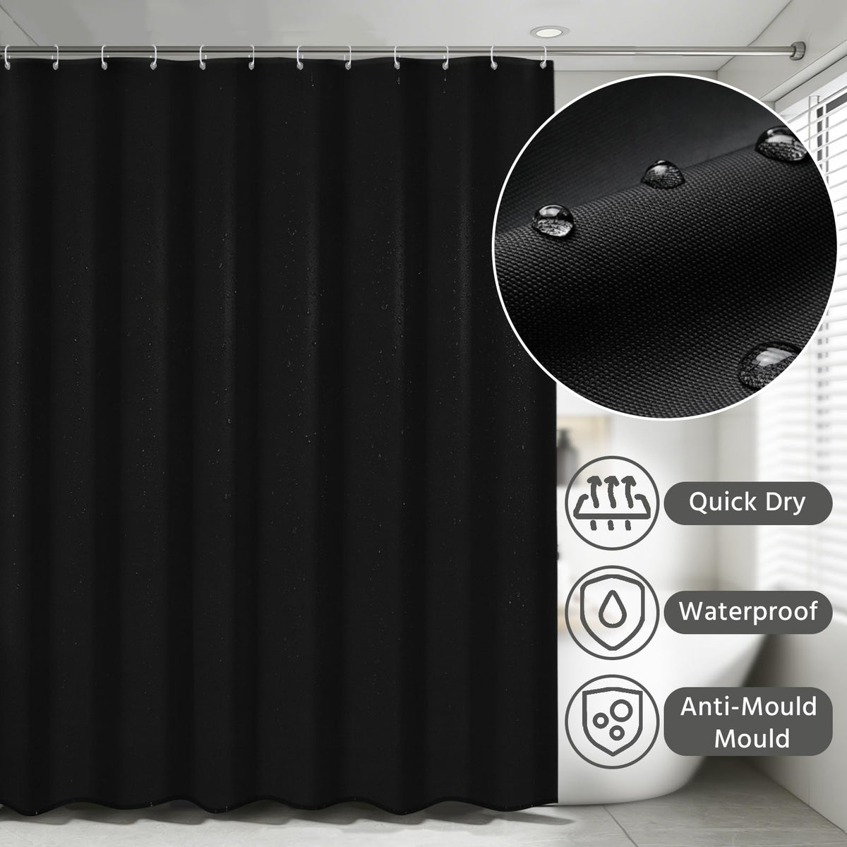 FAVORTALK Black Shower Curtains Waterproof Polyester Fabric Shower Curtain Mould Proof Mildew Resistant 180x180cm Solid Bathroom Curtain Set with 12