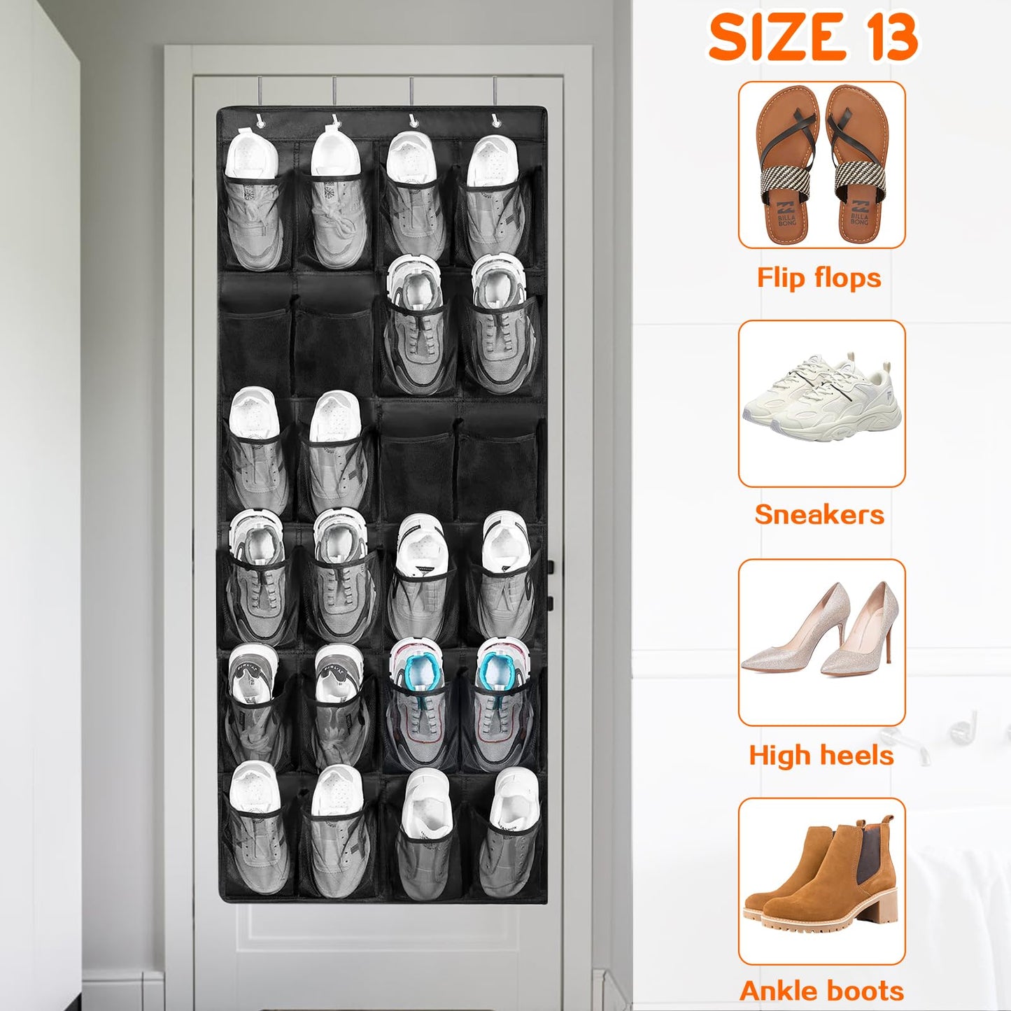 Yunyige Shoe Door Storage, Overdoor Shoe Storage Organiser, over Door Shoes Rack with 24 Mesh Pockets, Shoes Hanging Storages (Black)