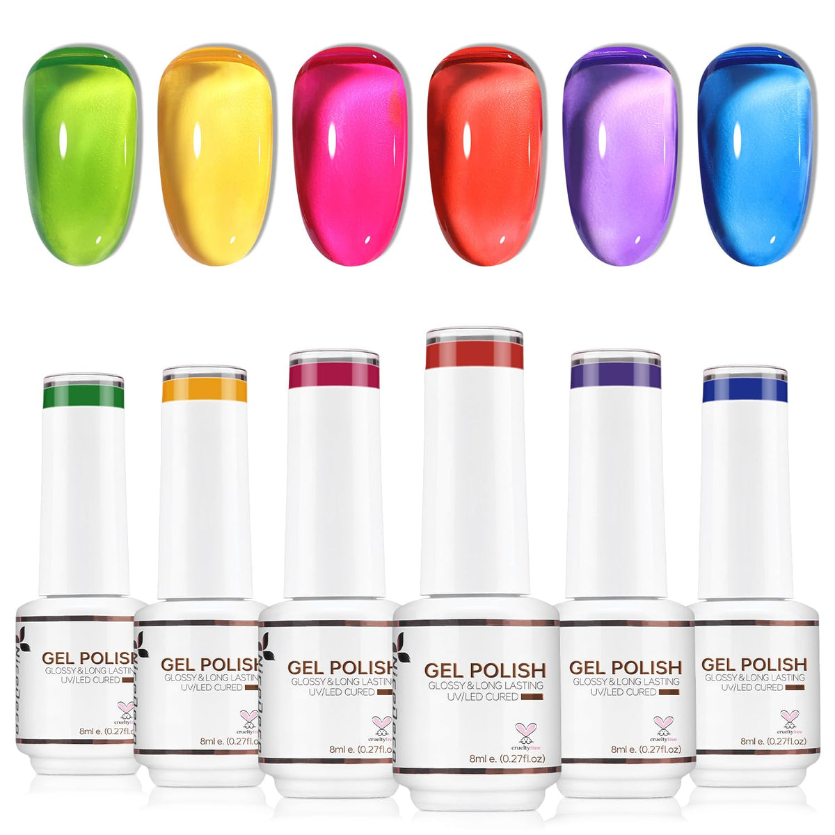 NICEDECO Neon Jelly Gel Nail Polish Set - 6pcs x 8ml in Hot Pink, Crystal Red, Blue, Green - Long Lasting, High Shine - Kit 45