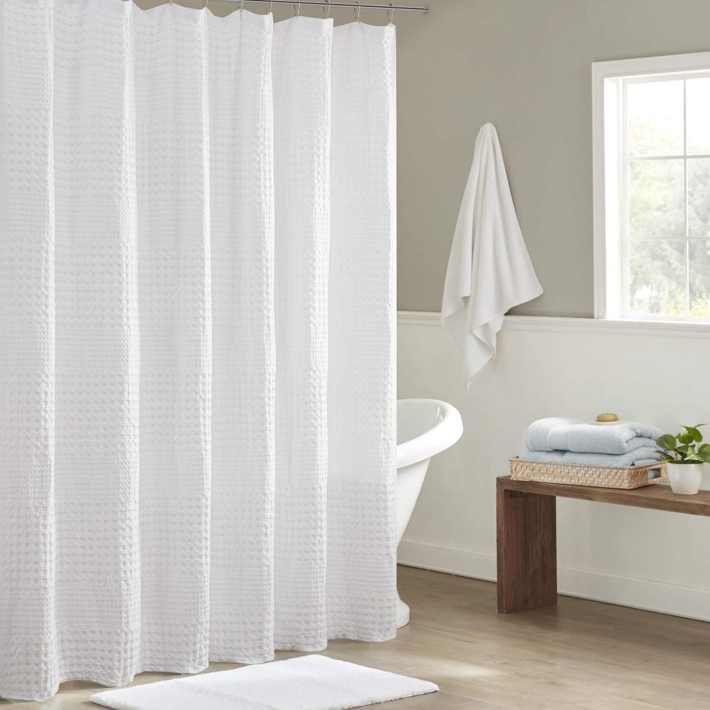Madison Park Arlo 100% Cotton Shower Curtain, Texture Waffle Weave Design 800 GSM Hotel Quality, Soft Trendy Bathroom D?cor, Machine Washable, Bathtub