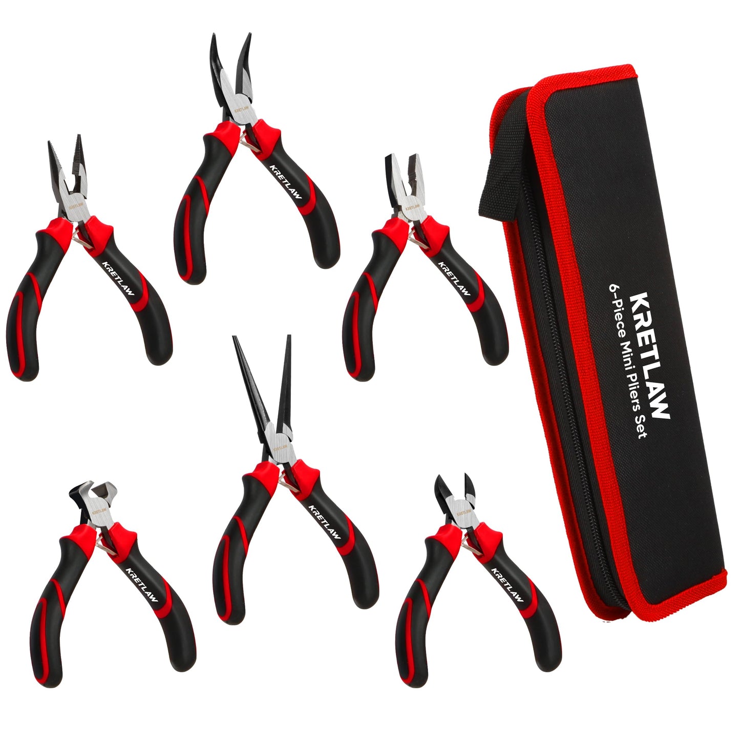KRETLAW Mini Pliers Set 6Pcs - Needle Nose, Long Nose, Bent Nose, Diagonal, End Cutting and Linesman for DIY, Electronic Repairing & Jewelry with