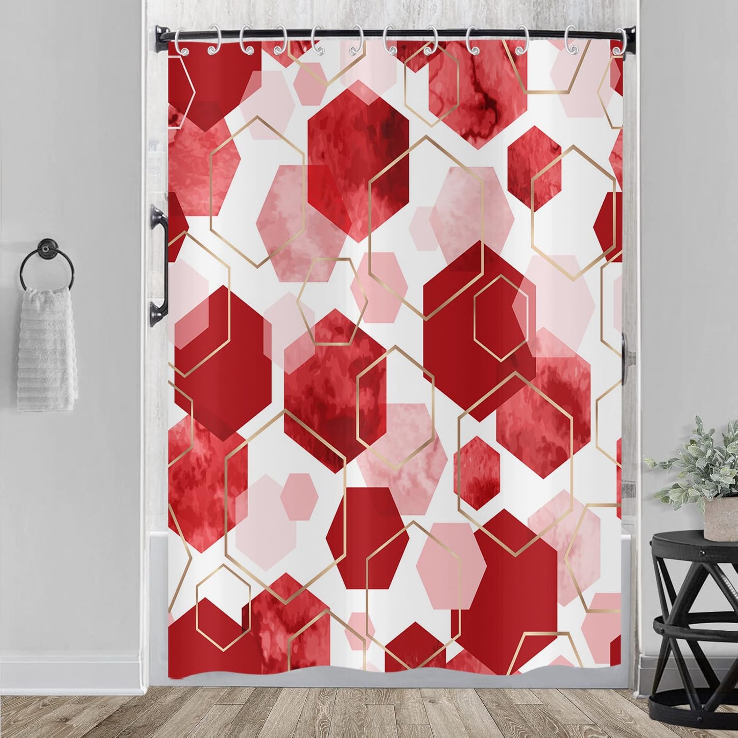 Hnmdmyi Red Shower Curtain 180x200, Modern Geometric Hexagon Abstract Art Bathroom Curtains Waterproof Polyester Fabric Washable Bath Curtains with