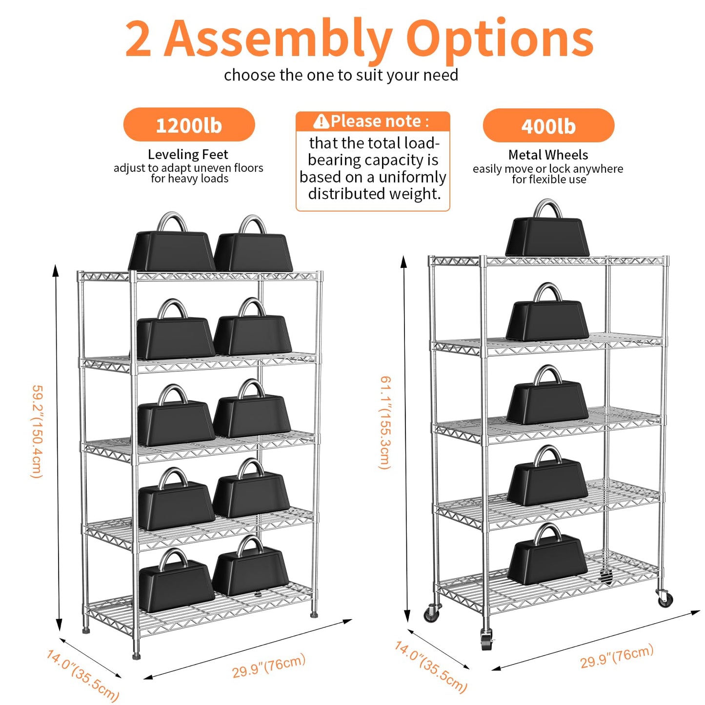 VANZBON 5-Tier Adjustable Wire Shelving Rack with Wheels for Garage Kitchen