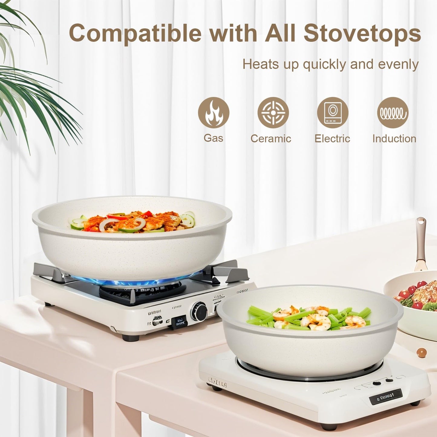 YASHE 13Pcs Pots and Pans Sets Non Stick, Kitchen Cookware Sets, Induction Pan Set for RV Set, Pans with Detachable Handle, Granite White, Oven Safe,