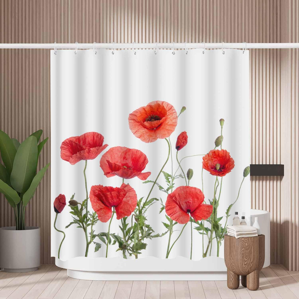 Woutay Shower Curtain Water Repellant Fabric Red Poppies,Mould Proof Resistant,Polyester,Size 180x180CM