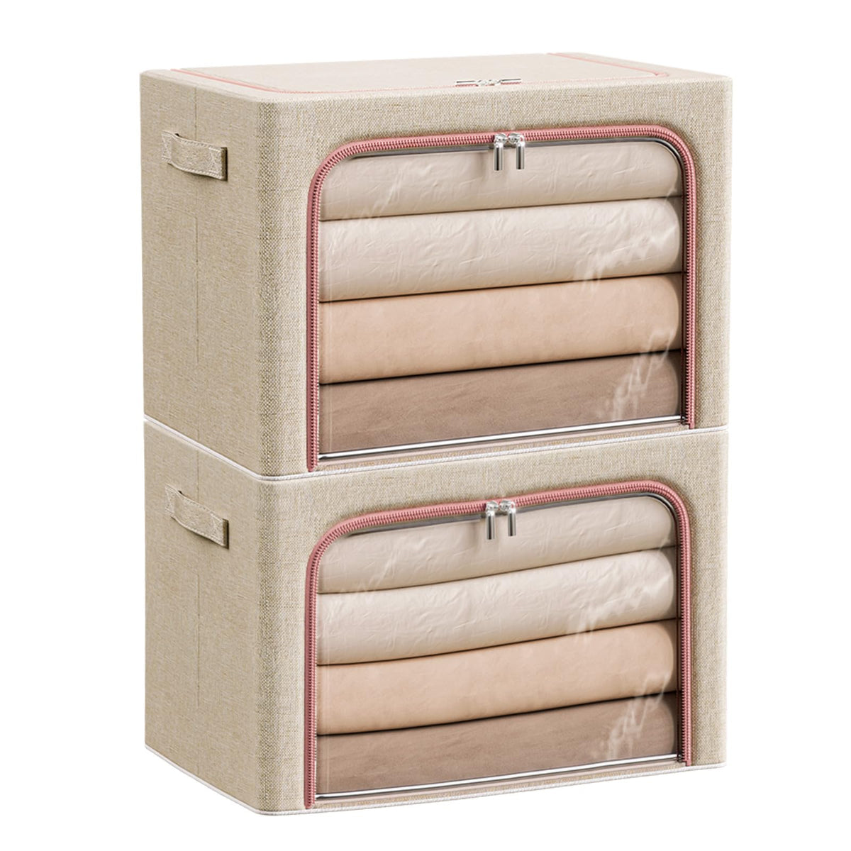 Douzi 2 Pack Clothes Storage Boxes Closet Organizers and Storage, Foldable Cloth Steel Frame Box for Storing Bedding,Blankets-Khaki-66L