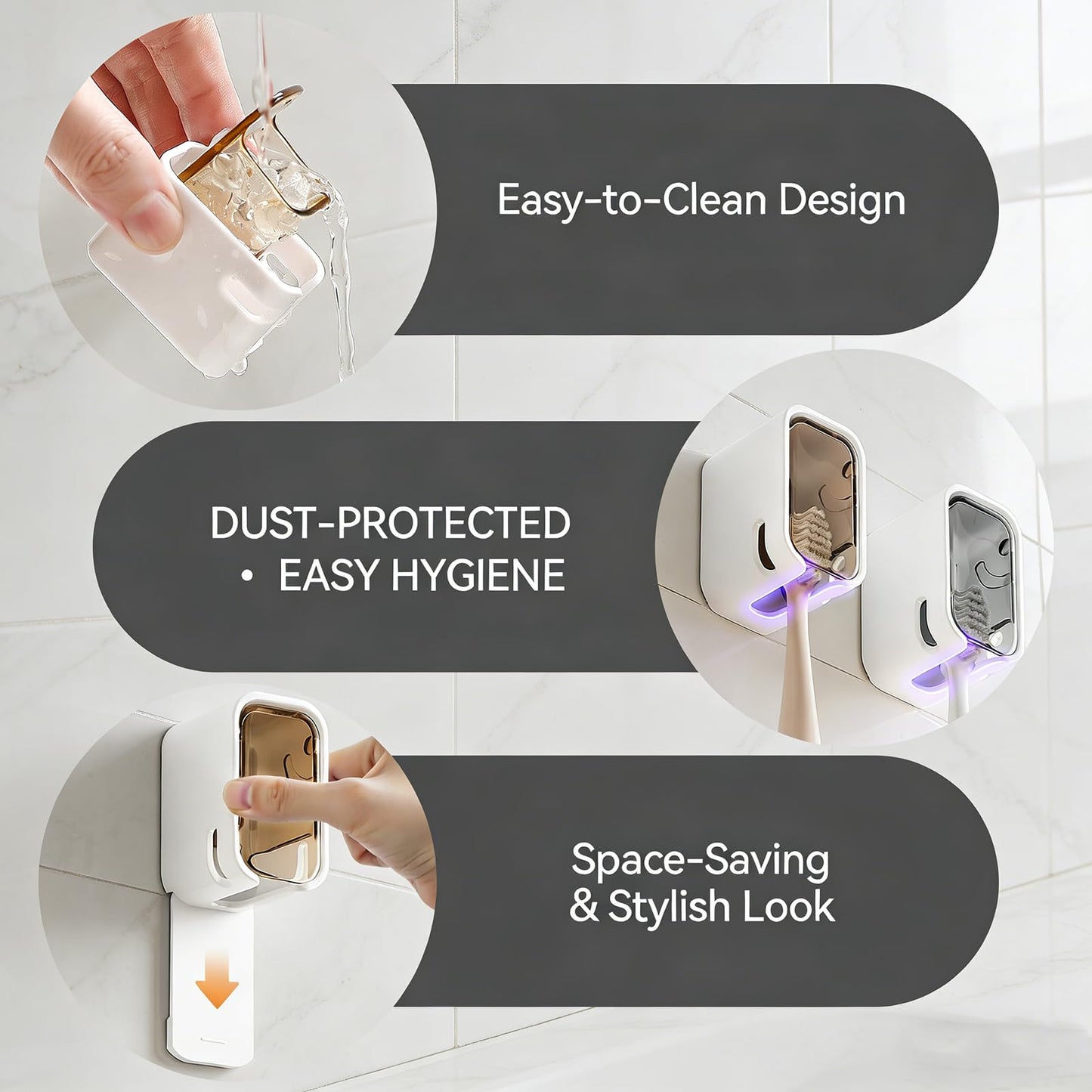 4pc Wall Mount Toothbrush Holder with Lid Self Adhesive, No Drill