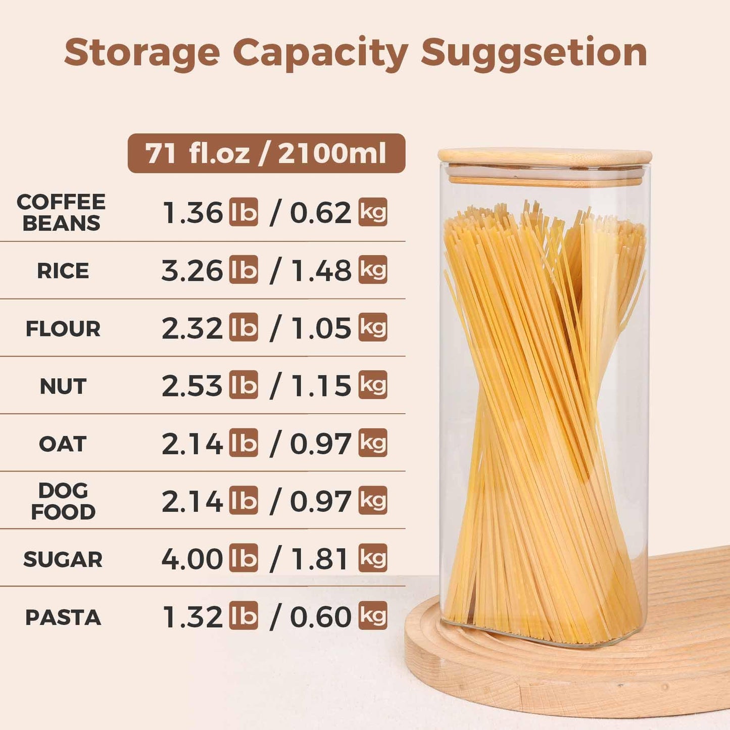ComSaf 2100ml Rectangle Glass Storage Containers with Lids, Glass Jars with Bamboo Lids, Clear Food Storage Jar, Tall Spaghetti Container, Pantry