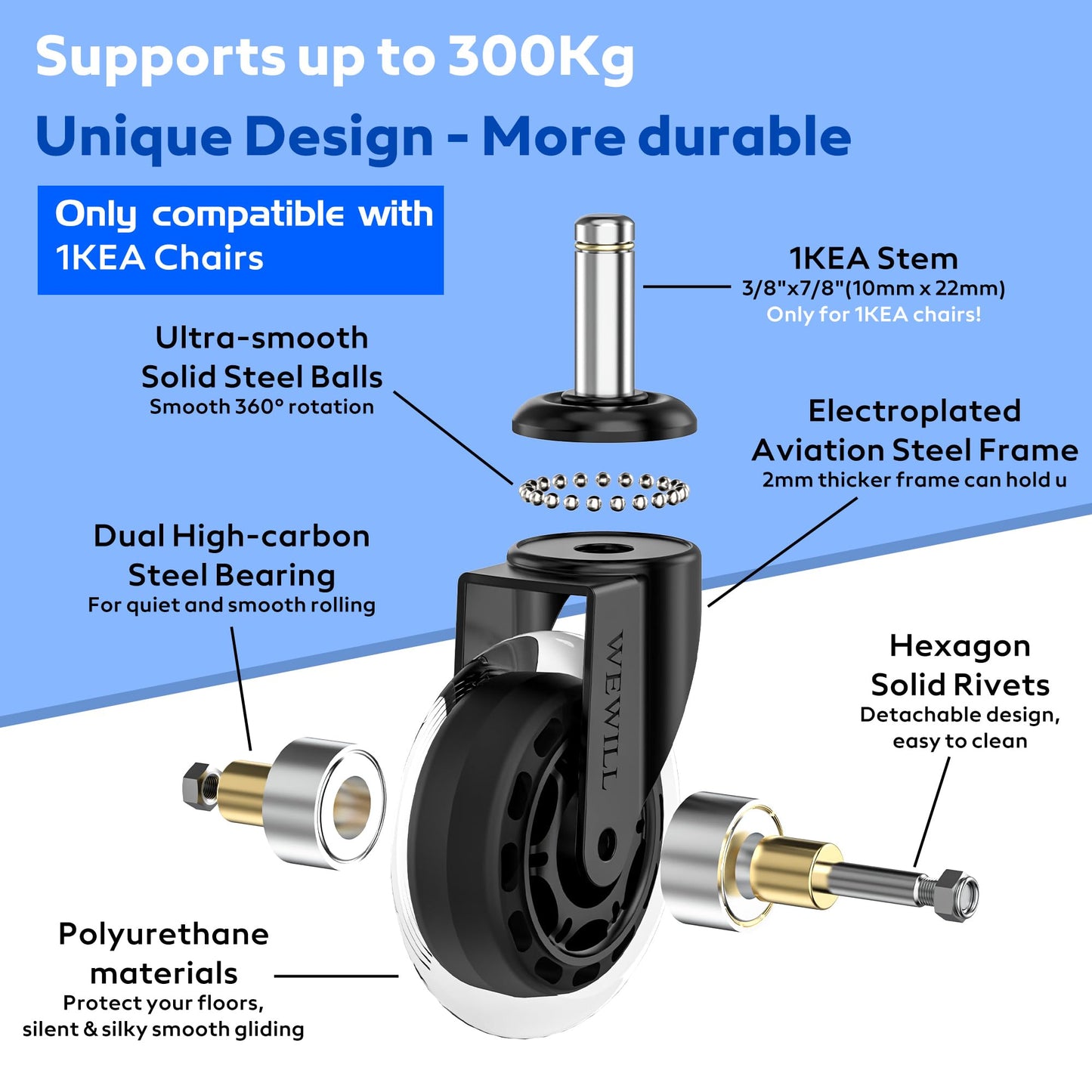 WEWILL Chair Casters Set Floor Wheels Swivel Wheels for Office Chair Hard Universal Compatible with Different Seats (10x22mm)