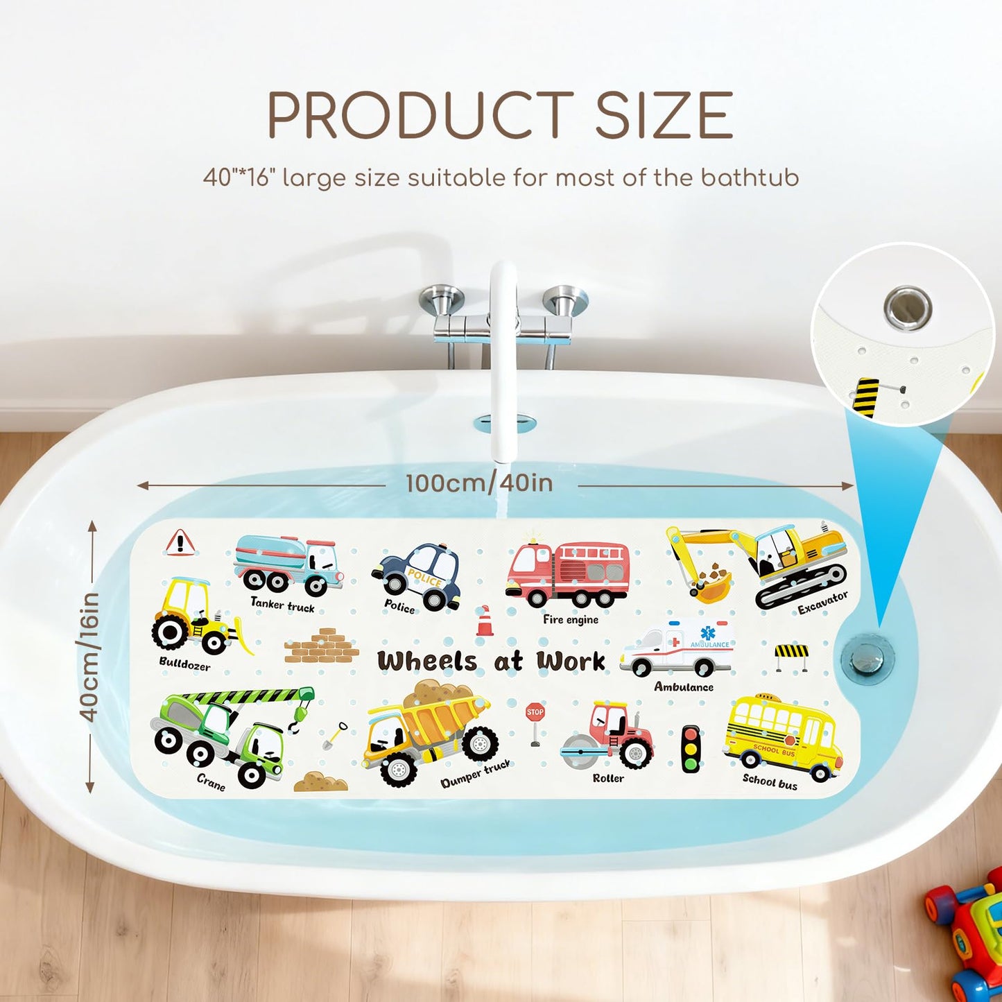omedecal Baby Bath Mat Non Slip for Tub, 100 * 40cm, Excavator
