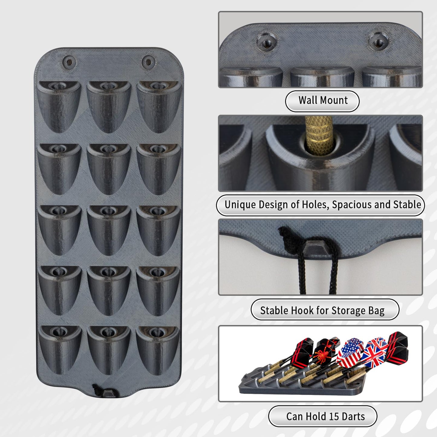 Extguds Dart Holder Wall Mount,Dart Display Rack Displays 15 Steel/Soft Tip Darts,Dart Stand with Storage Bag,Dart sharpener,Dart