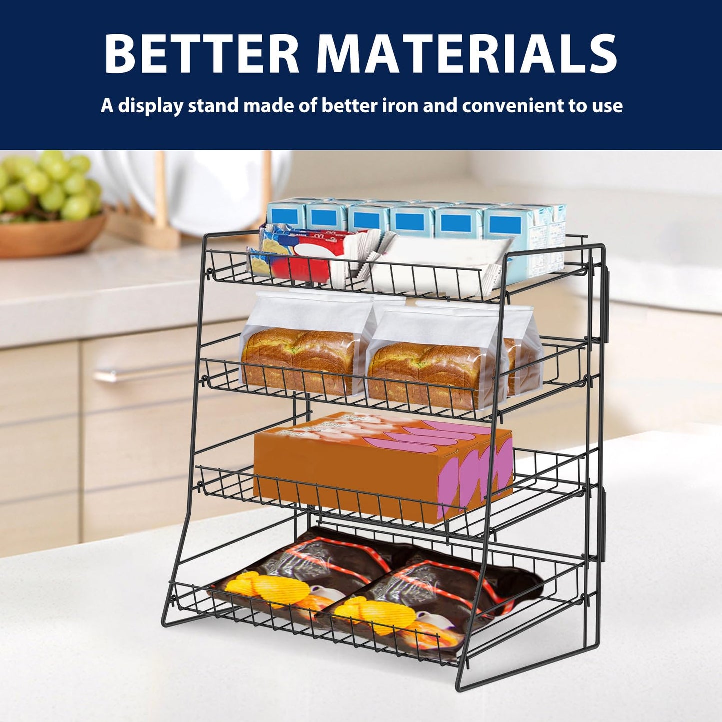 4 Tier Candy Display Rack, Metal Snack Rack Display Stand, Countertop Organiser Shelf for Packaged Crisps & Fruits